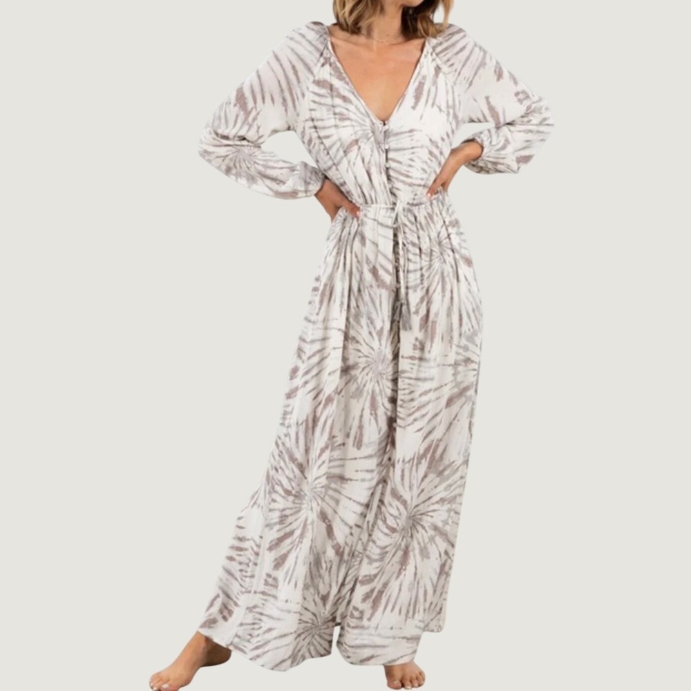 Lovestitch Faye Dress, Small, Ivory & Tan Abstract Tie-Dye Long Sleeve Maxi
